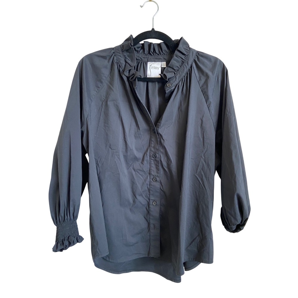 Finley Silky Poplin Ruffle Collar Blouse Black 3/4 Smocked Sleeve Top Large USA